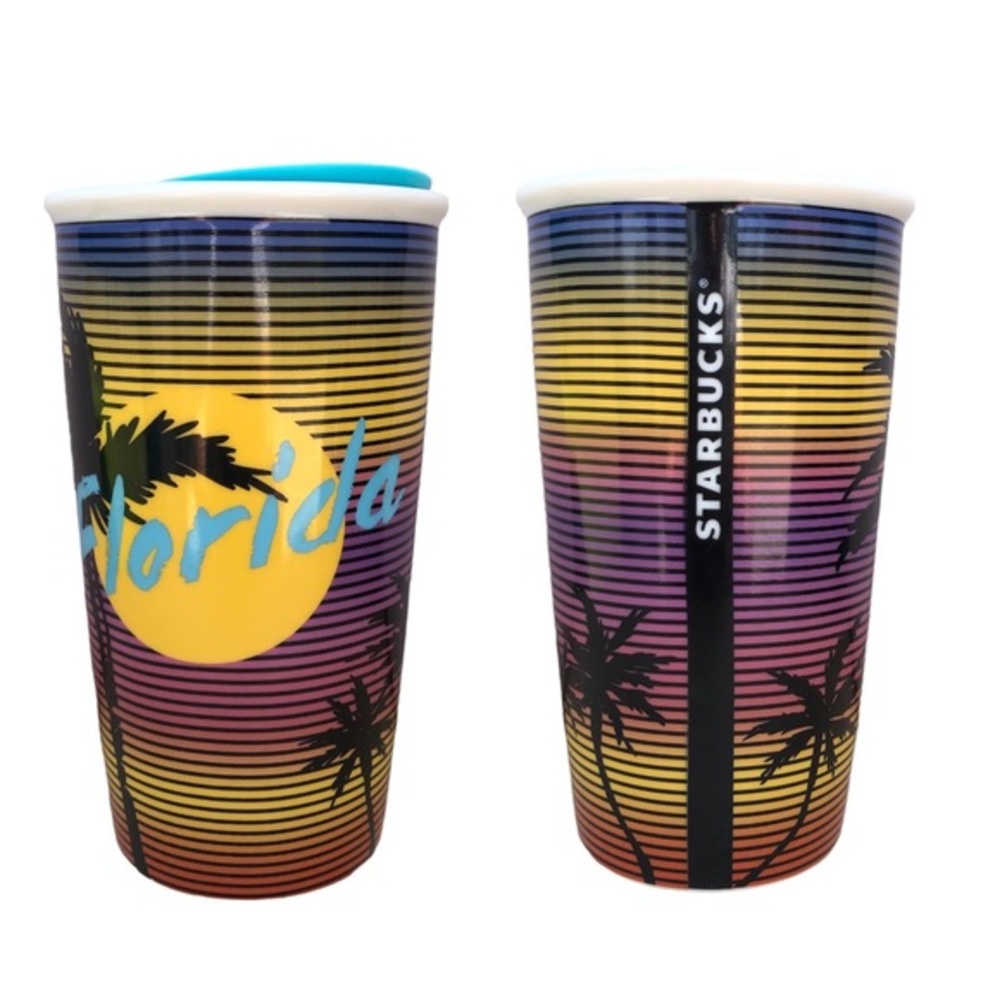 Starbucks 2016 Ceramic Stripes Sunset Palms Florida Travel Cup With Lid 12 Oz.